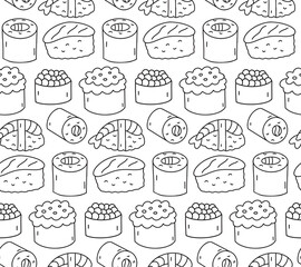 Seamless pattern background with sushi hand drawn doodles. Contour drawing, outline different asian food sushi rolls Simple line vector illustration backdrop, print, wallpaper