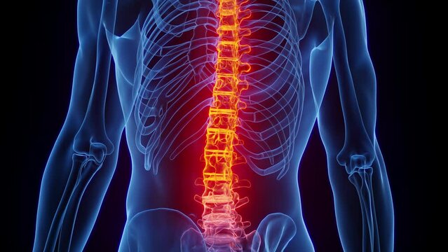 3D rendered Medical Animation of a man's inflamed spine up close