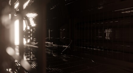 Side view corridor tunnel lighting industrial in dark scene 3D rendering sci-fi wallpaper backgrounds