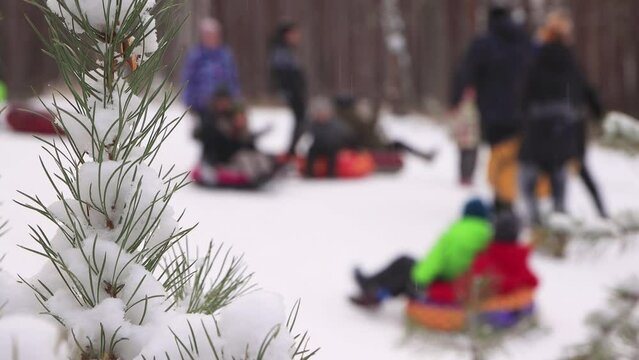 In defocus, children ride down a hill on an inflatable snow sled. Cheerful friends, holidays, winter fun, snow-covered mountain slopes. Video, footage for the background, intro, titles. UHD 4K.