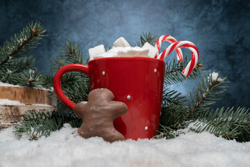 Hot chocolate or cocoa with marshmallows and candy canes, gingerbread man cookie, Christmas tree...