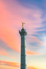 Fototapeta na wymiar Paris, place de la Bastille, column with statue of the golden angel, sunset 