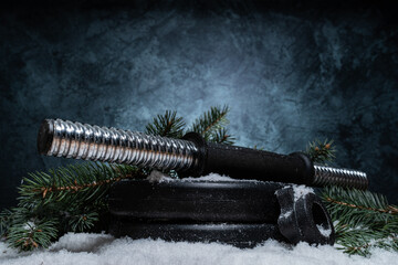 Dumbbell barbell weight plates, Christmas tree branches on white snow. Fitness holiday season...