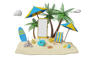 mobile phone, smartphone with palms, beach chair, island, umbrella, sandals, plane, surfboard, Inflatable flamingo, sand castle, summer travel vacation concept, 3d illustration or 3d render