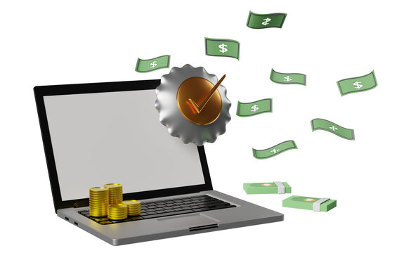 laptop computer with round shiel, coins, banknote isolated. Internet security or privacy protection or ransomware protect concept, 3d illustration or 3d render
