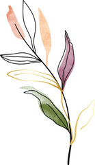 Watercolor leaf branch gold line art