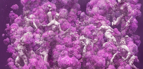 Matte painting of dancing girls in space suits surrounded by flowers, female robot retro sci fi drawing with woman face and bionic body. Digital image pink cyborgs. Generative AI 
