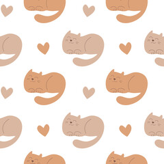 Vector seamless pattern with cartoon cute cats. Funny animal wallpaper with a nice pet and heart.