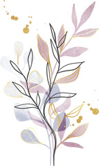 Watercolor leaf branch gold line art