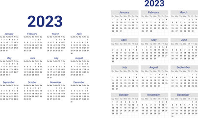 Calendar 2023 template layout vector set. English 2023 Yearly calendar. New year planner design. A3, A4, A5 or letter format.