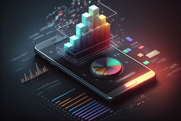 Illustration about market analysis 3D graphics on mobile phones. Made by AI.