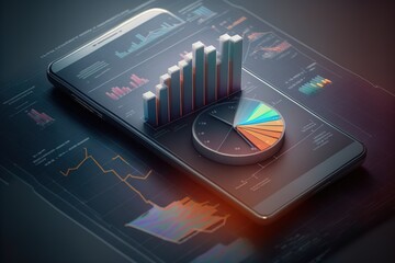 Illustration about market analysis 3D graphics on mobile phones. Made by AI.
