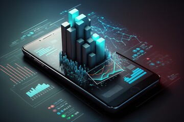 Illustration about market analysis 3D graphics on mobile phones. Made by AI.
