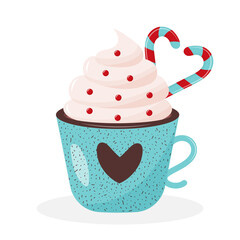 Christmas coffee mug with heart ornament, whipped cream and candy canes in the shape of heart. Cute hot drink isolated on white background.