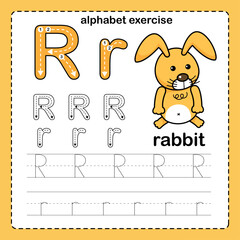 Alphabet Letter  R - Rabbit exercise with cartoon vocabulary illustration, vector