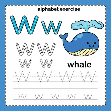 Alphabet Letter  W - Whale exercise with cartoon vocabulary illustration, vector
