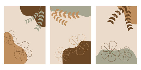 Fototapeta na wymiar Minimal vector abstract floral shapes vertical backgrounds. Linear floral in one line organic style.