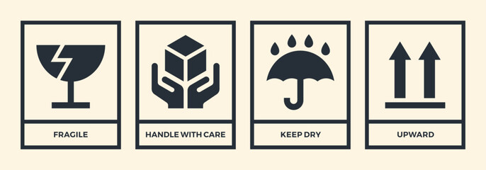 Fragile. Handle with care. Keep away from water. This side up. Packaging symbols. Vector icon set. - 548934335