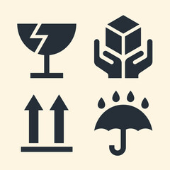 Fragile. Handle with care. Keep away from water. This side up. Packaging symbols. Vector icon set.