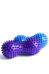 Blue and purple double or peanut spikey balls massager for yoga pilates or stretching and fascia...