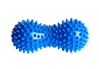 Blue double or peanut spikey ball massager for yoga pilates or stretching and fascia pain. Sports equipment for fitness isolated on a white background. Concept of sports massage.