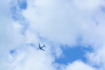 Background with an airplane in a cloudy sky