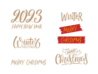 Obraz premium New Year and Merry Christmas texts. Typography set. Holiday templates. Vector calligraphy inscriptions. design for invitation, card, sticker, banner