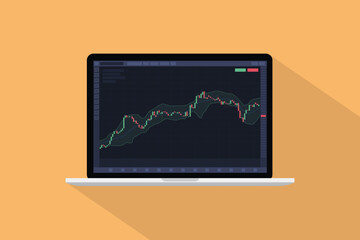 bollinger band technical analysis indicator concept on laptop screen with candlestick with modern flat style and long shadow style