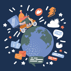 Cartoon vector illustration of man driving scooter around the planet earth