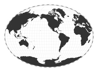 Vector world map. Fahey pseudocylindrical projection. Plan world geographical map with latitude/longitude lines. Centered to 120deg E longitude. Vector illustration.