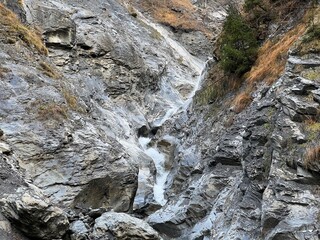 Waterfalls on alpine stream Tellerbach in the Calfeisental valley and in the UNESCO World Heritage Tectonic Arena Sardona (UNESCO-Welterbe Tektonikarena Sardona), Vättis - Switzerland (Schweiz)