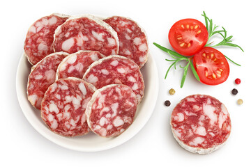 Cured salami sausage in ceramic bowl isolated on white background. Italian cuisine with full depth of field. Top view. Flat lay.