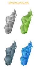 Set of vector polygonal maps of Madagascar. Bright gradient map of country in low poly style. Multicolored Madagascar map in geometric style for your infographics. Radiant vector illustration.