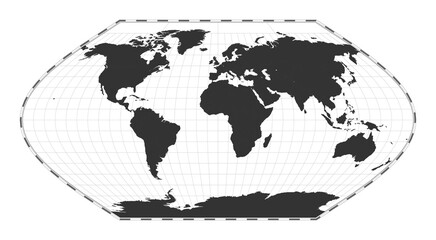 Vector world map. Eckert V projection. Plan world geographical map with latitude/longitude lines. Centered to 0deg longitude. Vector illustration.