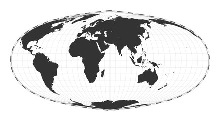 Vector world map. Foucaut's sinusoidal projection. Plan world geographical map with latitude/longitude lines. Centered to 60deg W longitude. Vector illustration.