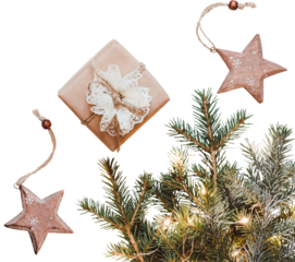 Neutral Christmas composition of fir branches, wooden stars of baubles and gift in paper packaging. Zero Waste Christmas