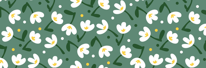 Light spring pattern with snowdrops and dots on a green background. Stylish ornament for printing on textiles and paper. Gift packaging for holidays, textiles for the manufacture.