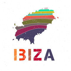 Obraz premium Ibiza map design. Shape of the island with beautiful geometric waves and grunge texture. Modern vector illustration.