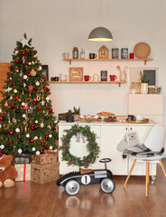 Kitchen christmas decor. Furniture and utensils. Christmas treat. New Year celebration. Winter holidays and vacations. Festive table.