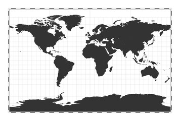 Vector world map. Cylindrical stereographic projection. Plan world geographical map with latitude/longitude lines. Centered to 0deg longitude. Vector illustration.