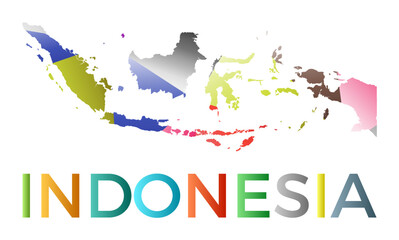 Obraz premium Bright colored Indonesia shape. Multicolor geometric style country logo. Modern trendy design. Cool vector illustration.