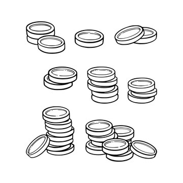 Coins pile as a symbol of wealth and luxary. Set coins stacks. Vector illustration isolated in white background