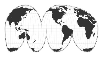 Vector world map. Goode's interrupted Mollweide projection. Plan world geographical map with latitude/longitude lines. Centered to 120deg E longitude. Vector illustration.