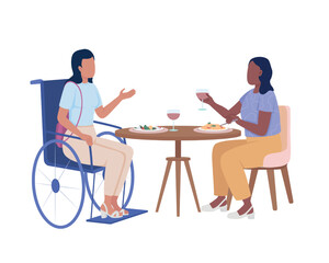 Disabled lady with friend in cafe semi flat color vector characters. Editable figures. Full body people on white. Inclusion simple cartoon style illustration for web graphic design and animation