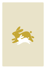 金と白のうさぎの親子が駆けているシンプルな年賀状テンプレート