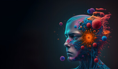 Immunotherapy and immune system concept with 3D human face and viruses and microbes 3d rendering - obrazy, fototapety, plakaty