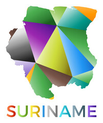 Bright colored Suriname shape. Multicolor geometric style country logo. Modern trendy design. Trendy vector illustration.