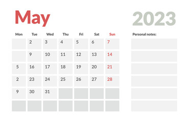 Calendar Template of may 2023 with place for notes. Vector layout simple calendar with week start monday.