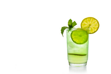 Mojito cocktail with ice cube, garnished with a lime slice and mint isolated on a white background. space for text.