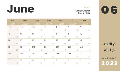 Monthly Calendar Template Hijri islamic on Dhu al-Qadah - Dhu al-Hijja 1444 and Gregorian on june 2023. Vector layout simple calendar Arabic and English with week start sunday for print. - obrazy, fototapety, plakaty